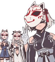 Rule 34 | 3girls, bandaged arm, bandaged leg, bandaged neck, bandages, blindfold, bow, breasts, cape, cleavage, clothing cutout, cropped legs, crossed arms, detached sleeves, drag-on dragoon, drag-on dragoon 3, dress, e dada da, fox mask, gloves, grey hair, hand on own hip, highres, japanese clothes, kaine (nier), lingerie, long hair, looking at viewer, mask, mask on head, mole, mole under mouth, multiple girls, navel, negligee, nier, nier (series), nier:automata, official alternate costume, short hair, simple background, stomach, stomach cutout, underwear, upper body, v, white gloves, 2b (nier:automata), zero (drag-on dragoon)
