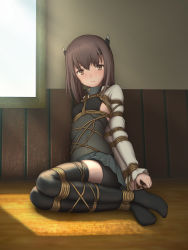 Rule 34 | 10s, 1girl, against wall, arms behind back, bad id, bad pixiv id, bdsm, bike shorts, bike shorts under skirt, black thighhighs, blush, bondage, bound, bound ankles, bound arms, bound legs, bound wrists, brown eyes, brown hair, from side, frown, full body, grey skirt, headband, headgear, highres, himitsu (hi mi tsu 2), hogtie, indoors, kantai collection, long sleeves, looking at viewer, microskirt, no shoes, restrained, rope, shibari, shibari over clothes, short hair, shorts, shorts under skirt, skirt, solo, sunlight, taihou (kancolle), thighhighs, window, zettai ryouiki