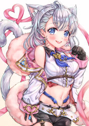 Rule 34 | 1girl, :d, animal ear fluff, animal ears, asymmetrical bangs, belt, belt buckle, black gloves, black shorts, blue eyes, blue neckerchief, blurry, blurry foreground, blush, braid, breasts, buckle, cat ears, cat tail, center frills, clenched hand, collared shirt, commentary request, cowboy shot, crop top, diamond earrings, earrings, frills, fur-trimmed jacket, fur trim, garter straps, gem, glint, gloves, hand up, heart, highres, jacket, jewelry, keyhole, looking at viewer, medium breasts, medium hair, midriff, navel, neckerchief, nyamaso, off-shoulder jacket, off shoulder, open mouth, paw pose, pink ribbon, ribbon, shironeko project, shirt, short shorts, shorts, sidelocks, silver hair, simple background, sleeveless, sleeveless shirt, smile, solo, tail, tail raised, teeth, tina (shironeko project), tina topia, underbust, upper teeth only, white background, white belt, white shirt