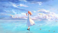 Rule 34 | 1girl, black footwear, bow, closed eyes, closed mouth, cloud, day, dress, dress bow, falling petals, flower, full body, high heels, highres, holding, holding flower, light brown hair, long hair, original, outdoors, petals, profile, reflective floor, scenery, shurock, sky, solo, spider lily, standing, white bow, white dress, wind