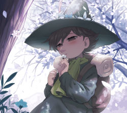 Rule 34 | 1boy, absurdres, bag, blush, brown eyes, brown hair, commentary request, flower, hat, highres, male focus, moomin, nature, osasimiyabai, outdoors, scarf, short hair, snufkin, solo, tree