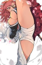 Rule 34 | 1girl, baiken, bandages, big hair, black kimono, breasts, facial tattoo, from below, guilty gear, guilty gear strive, high kick, highres, japanese clothes, kataginu, kicking, kimono, kyuu (plastic night q), large breasts, looking at viewer, multicolored clothes, multicolored kimono, one-eyed, pink hair, ponytail, samurai, sash, scar, solo, standing, standing on one leg, tattoo, white kimono