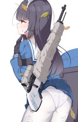 Rule 34 | 1girl, absurdres, ass, back hair, black hair, blue archive, blush, commentary, doldol (rkwowlqrp), female focus, from behind, gloves, gun, heart, heart print, highres, leaf, long hair, looking away, miyu (blue archive), panties, panties under pantyhose, pantyhose, print panties, red eyes, rifle, simple background, sniper rifle, solo, trash can, underwear, weapon, white background, white panties