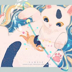 Rule 34 | 1girl, abstract background, animal, black hair, blue border, blue eyes, blunt bangs, border, cat, chinese commentary, closed eyes, colored sclera, commentary request, dress, english text, floating hair, highres, letterboxed, long hair, long sleeves, lying, on animal, on stomach, open mouth, original, outstretched arms, oversized animal, plaid, plaid dress, plaid sleeves, planet, planetary ring, sample watermark, short dress, sleeves past elbows, smile, star (symbol), watermark, weibo watermark, yellow dress, yellow sclera, yellow sleeves, yeshisi