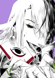 Rule 34 | 1boy, absurdres, ashiya douman (fate), asymmetrical hair, black hair, cliff (42961931), curly hair, evil smile, fate/grand order, fate (series), fingernails, green nails, greyscale with colored background, hair between eyes, highres, holding eye, licking, licking eye, long hair, male focus, multicolored hair, portrait, red pupils, sharp fingernails, shikigami, smile, solo, split-color hair, tongue, tongue out, very long hair, white hair