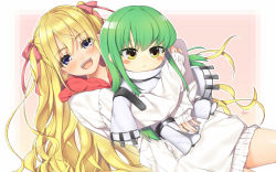Rule 34 | 1girl, :/, :d, blonde hair, blue eyes, blush, blush stickers, c.c., character doll, code geass, hugging doll, green hair, hair ribbon, hood, hooded sweater, long hair, looking at viewer, hugging object, open mouth, original, outline, red ribbon, ribbon, sleeves past wrists, smile, straitjacket, sweater, two side up, very long hair, yana mori, yellow eyes