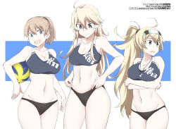 Rule 34 | 3girls, ahoge, alternate hairstyle, ball, bikini, bikini bottom only, black bikini, blonde hair, blue eyes, breasts, brown hair, character name, cleavage, collarbone, commentary, cowboy shot, gambier bay (kancolle), groin, holding, holding ball, intrepid (kancolle), iowa (kancolle), kantai collection, large breasts, looking down, midriff, multiple girls, navel, ponytail, shigino sohuzi, short hair, smile, sports bikini, standing, star-shaped pupils, star (symbol), swimsuit, symbol-shaped pupils, two-tone background, volleyball (object), whistle, whistle around neck, white background