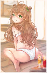 Rule 34 | 1girl, :p, absurdres, ahoge, ass, bare arms, bare legs, bare shoulders, barefoot, blush, bow, bra, brown hair, closed mouth, commentary, from behind, girls&#039; frontline, green bow, green eyes, hair between eyes, hair bow, head tilt, highres, indoors, long hair, looking at viewer, looking back, on floor, panties, rfb (girls&#039; frontline), shou zong, sitting, smile, soles, solo, strap slip, tongue, tongue out, underwear, underwear only, very long hair, wariza, white bra, white panties