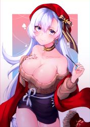 Rule 34 | 1girl, absurdres, azur lane, belfast (azur lane), belfast (shopping with the head maid) (azur lane), beret, blush, breasts, choker, cleavage, collarbone, dress, earrings, fage, food, hat, highres, huge filesize, jewelry, large breasts, long hair, looking at viewer, pocky, purple eyes, shirt, silver hair, simple background, smile, solo, sweater