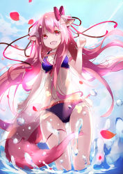Rule 34 | 1girl, absurdres, animal ears, bikini, bokujuu, bow, eyebrows, fang, hair bow, hair ribbon, highres, long hair, looking at viewer, million arthur (series), open mouth, petals, pink bow, pink eyes, pink hair, red bow, red ribbon, ribbon, see-through, solo, swimsuit, tail, water