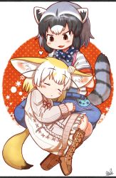 Rule 34 | 2girls, puff of air, alternate costume, animal ears, beige dress, blonde hair, blue hair, blue neckwear, blush, boots, bow, bowtie, brown footwear, commentary request, common raccoon (kemono friends), cross-laced footwear, curled up, denim, dress, extra ears, closed eyes, fang, fennec (kemono friends), fox ears, fox girl, fox tail, frilled dress, frills, grey hair, hand on another&#039;s head, highres, jeans, kemono friends, kemono friends 3, long sleeves, multiple girls, neckerchief, open mouth, pants, raccoon ears, raccoon girl, raccoon tail, rakugakiraid, red neckwear, short hair, short sleeves, sitting, sleeping, spots, striped, tail, white dress, white hair