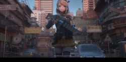 Rule 34 | 1girl, :3, armband, black jacket, black thighhighs, blonde hair, blue sky, blush, brand name imitation, brown gloves, building, bus, car, city, clock, closed mouth, commentary, day, english commentary, fingerless gloves, gloves, green eyes, gun, headgear, highres, holding, holding gun, holding weapon, ibara dance, jacket, kfc, lamppost, long sleeves, mcdonald&#039;s, miniskirt, motor vehicle, original, outdoors, pleated skirt, pouch, red pupils, road sign, scenery, short hair, sign, skirt, sky, solo, storefront, sunlight, swept bangs, thighhighs, traffic light, translation request, weapon, yellow skirt, zettai ryouiki, zipper