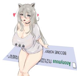 Rule 34 | 1girl, 4chan, absurdres, animal ears, black choker, blush, bottomless, breasts, choker, cleavage, collarbone, drawfag, english text, fangs, grey eyes, grey shirt, hair between eyes, heart, highres, hololive, large breasts, lion ears, long hair, off shoulder, open mouth, shirt, shishiro botan, shishiro botan (casual), sitting, smile, solo, ssrb (shishiro botan), very long hair, virtual youtuber