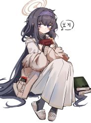 Rule 34 | 1girl, absurdres, artist name, black hair, blue archive, blush, book, hugging book, cardigan, closed mouth, full body, hairband, halo, highres, holding, holding book, invisible chair, korean text, long hair, long skirt, long sleeves, looking at viewer, namsek, nintendo switch, hugging object, purple eyes, sailor, shirt, sidelocks, sitting, skirt, slippers, solo, speech bubble, translation request, ui (blue archive), very long hair, white shirt, white skirt