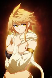 Rule 34 | 10s, 1girl, absurdres, akame ga kill!, blonde hair, breasts, cleavage, derivative work, detached sleeves, highres, large breasts, leone (akame ga kill!), looking at viewer, midriff, navel, scarf, short hair, solo, strapless, tube top, von-cx, yellow syria