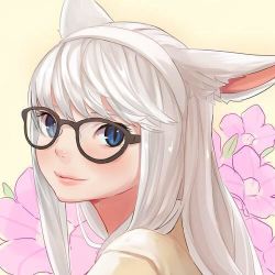 Rule 34 | 10s, 1girl, animal ears, warrior of light (ff14), bad id, bad twitter id, blue eyes, blush, cat ears, face, final fantasy, final fantasy xiv, flower, glasses, hairband, light smile, lips, long hair, looking at viewer, lowres, miqo&#039;te, potion lilac, slit pupils, smile, solo, white hair