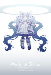 Rule 34 | 1girl, black pantyhose, blue hair, boots, cable, closed eyes, dial, english text, hatsune miku, highres, kiritani846, long hair, long sleeves, m.s.s project, oversized clothes, pantyhose, socks, solo, twintails, very long hair, vocaloid, white background