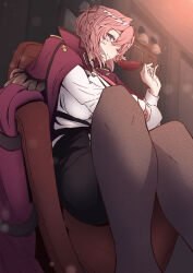 Rule 34 | 1girl, absurdres, alcohol, black shorts, blue eyes, breasts, chair, coat, coat on shoulders, cup, drinking glass, head wings, highres, holding, holding cup, hololive, long sleeves, medium breasts, oki no fuji, pantyhose, pink hair, popped collar, red coat, red wine, shirt, short hair, shorts, sitting, solo, takane lui, takane lui (1st costume), virtual youtuber, white shirt, wine, wine glass, wings