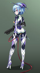Rule 34 | 1girl, ass, blue hair, bodysuit, breasts, character request, expressionless, from behind, gun, hair ornament, high heels, looking back, original, red eyes, short hair, small breasts, solo, source request, tomonao, weapon, wire