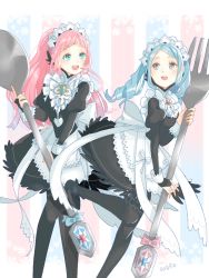 Rule 34 | 2girls, apron, artist name, blue eyes, blue hair, bow, brown eyes, felicia (fire emblem), fire emblem, fire emblem fates, flora (fire emblem), long hair, maid, maid apron, maid headdress, multiple girls, nintendo, open mouth, pink hair, ponytail, siblings, sisters, thighhighs, twins, twintails