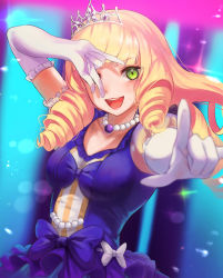 Rule 34 | 1girl, \||/, absurdres, bead necklace, beads, blonde hair, blunt bangs, commentary request, dress, drill hair, elbow gloves, gloves, green eyes, has bad revision, has downscaled revision, heanna sumire, highres, jewelry, long hair, love live!, love live! superstar!!, md5 mismatch, necklace, nonfiction!! (love live!), open mouth, puffy short sleeves, puffy sleeves, purple dress, resolution mismatch, short sleeves, smile, solo, source smaller, sweat, teeth, tiara, torriet, upper teeth only, white gloves