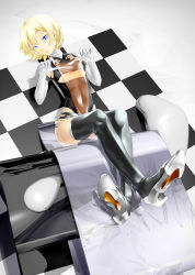 Rule 34 | 1girl, blonde hair, blue eyes, boots, high heels, highres, hiko (hiko224556), looking at viewer, lying, navel, on back, panties, reflection, see-through, skin tight, solo, thigh boots, thighhighs, underwear
