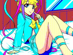 Rule 34 | 1980s (style), 1girl, 8-bit, arm support, blonde hair, blue eyes, blue hair, blue shirt, blue skirt, bow, chouzetsusaikawa tenshi-chan, commentary request, dithering, eencya, finger to cheek, hair bow, hair ornament, heart, heart hair ornament, indoors, leg belt, long hair, long sleeves, looking at viewer, multicolored hair, multicolored nails, multiple hair bows, needy girl overdose, oldschool, on bed, pink bow, pink hair, pink nails, pixel art, pleated skirt, purple bow, quad tails, retro artstyle, sailor collar, school uniform, serafuku, shirt, sitting, skirt, smile, solo, very long hair, window, yellow bow, yellow nails