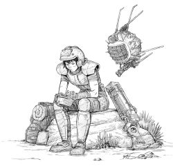 Rule 34 | 1girl, armor, backpack, bag, black hair, boots, bowl, closed mouth, commentary, ed-e, energy gun, english commentary, fallout (series), fallout new vegas, fingerless gloves, flask, floating, gloves, grass, greyscale, gun, helmet, holding, holding bowl, knee pads, laser rifle, levitation, lineart, looking down, mcnostril, monochrome, pants, robot, rock, shirt, short hair, short sleeves, shoulder armor, simple background, sitting, sitting on rock, solo, weapon, white background