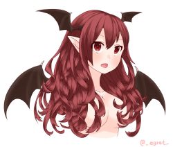 Rule 34 | &gt;:o, 1girl, :o, bat wings, blush, breasts, collarbone, commentary request, egret, fang, hair censor, hair over breasts, head wings, highres, koakuma, large breasts, long hair, nude, pointy ears, red eyes, red hair, simple background, slit pupils, solo, touhou, upper body, v-shaped eyebrows, white background, wings