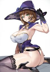Rule 34 | 1girl, ashiomi masato, ass, black footwear, black gloves, black panties, black thighhighs, breasts, brown hair, capelet, commentary, corset, genshin impact, gloves, green eyes, hair between eyes, hat, high heels, highres, large breasts, lisa (genshin impact), long hair, looking at viewer, panties, parted lips, purple capelet, purple corset, purple hat, sitting, smile, solo, symbol-only commentary, thighhighs, thighs, twitter username, underwear, wariza, white background, witch hat
