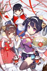 Rule 34 | 3girls, ahoge, anchor hair ornament, azur lane, baozi, black hair, blunt bangs, breasts, brown hair, chinese clothes, cleavage, cleavage cutout, clothing cutout, coat, commentary request, dango, dress, earrings, flower, food, fur-trimmed coat, fur-trimmed jacket, fur trim, hair flower, hair ornament, hair rings, hairband, hairpods, hatoyama itsuru, highres, jacket, jewelry, large breasts, long hair, looking at viewer, multiple girls, ning hai (azur lane), outdoors, panda, ping hai (azur lane), pink eyes, purple dress, red coat, red dress, red eyes, red ribbon, ribbon, smile, snow, thighhighs, tree, wagashi, white hairband, wisdom cube (azur lane), wristband, yat sen (azur lane)