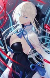 Rule 34 | 1girl, absurdres, black bow, black dress, blue eyes, bow, braid, breasts, center opening, choker, cleavage, dress, fate/grand order, fate (series), french braid, grey hair, hair bow, highres, huge filesize, large breasts, long hair, long sleeves, looking at viewer, morgan le fay (fate), polearm, ponytail, sidelocks, solo, spear, thighs, tobi (pixiv41237754), two-tone dress, very long hair, weapon, white dress, wide sleeves