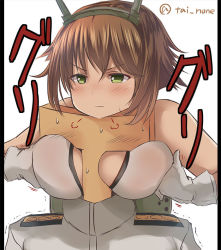 Rule 34 | 10s, 1boy, 1girl, bare shoulders, between breasts, blush, border, breast hold, breasts, brown hair, gloves, green eyes, hairband, headgear, kantai collection, large breasts, military, military uniform, mutsu (kancolle), pillarboxed, short hair, simple background, t-head admiral, tai (nazutai), translation request, uniform