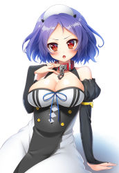 Rule 34 | &gt;:o, 10s, 1girl, :o, breasts, bridal gauntlets, chess belle, cleavage, collar, elbow gloves, fang, gloves, large breasts, owari no seraph, pochadon, purple hair, red eyes, short hair, solo, v-shaped eyebrows
