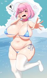 Rule 34 | 1girl, ^^^, ahoge, bikini, blue bikini, blue hair, blush, breasts, cloud, cloudy sky, collar, embarrassed, heart, heart necklace, highres, huge breasts, idolmaster, idolmaster cinderella girls, jewelry, large breasts, looking at viewer, multicolored hair, necklace, oozon (ozon), open mouth, outdoors, pink eyes, pink hair, plump, side-tie bikini bottom, skindentation, sky, solo, spoken squiggle, squiggle, string bikini, swimsuit, tareme, tears, thick thighs, thighhighs, thighs, two-tone hair, wavy mouth, white thighhighs, yumemi riamu