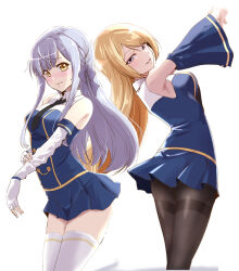 Rule 34 | 2girls, arched back, arms up, assault lily, bare shoulders, black necktie, blonde hair, blue shirt, blue skirt, blunt bangs, blush, braid, breasts, brown pantyhose, closed mouth, collared shirt, commentary request, cowboy shot, detached sleeves, fingerless gloves, gloves, grey hair, hair between eyes, hair ribbon, hand on own arm, highres, kon kanaho, long hair, long sleeves, looking at viewer, looking back, medium breasts, miniskirt, miyagawa takane, multiple girls, necktie, nose blush, odaiba girls high school uniform, outstretched arms, own hands together, pantyhose, parted lips, pleated skirt, purple eyes, purple ribbon, raised eyebrows, ribbon, school uniform, shirt, side braid, sidelocks, simple background, skirt, sleeveless, sleeveless shirt, smile, standing, sweatdrop, swept bangs, thighband pantyhose, thighhighs, two-tone shirt, urutsu sahari, very long hair, white background, white gloves, white shirt, white thighhighs, wide sleeves, yellow eyes, zettai ryouiki