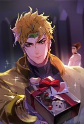 Rule 34 | 2boys, black shirt, blonde hair, brown eyes, brown hair, closed mouth, coat, dio brando, earrings, gift, heart, highres, holding, holding gift, jacket, jewelry, jojo no kimyou na bouken, long sleeves, looking at viewer, medium hair, multiple boys, pov, shirt, smile, stardust crusaders, terence t. d&#039;arby, vampire, white coat, yellow eyes, yellow jacket, zouhyou (at4190)