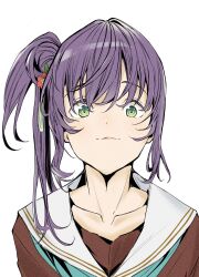 Rule 34 | 1girl, :3, absurdres, brown dress, closed mouth, collarbone, commentary request, dress, green eyes, green neckerchief, hasu no sora school uniform, highres, link! like! love live!, long hair, looking at viewer, love live!, neckerchief, otomune kozue, purple hair, sailor collar, school uniform, side ponytail, sidelocks, solo, tommer, upper body, virtual youtuber, white background, white sailor collar, winter uniform