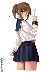 Rule 34 | 1girl, artist name, blush, brown eyes, brown hair, cropped legs, ebifurya, from side, grin, hand up, highres, i-401 (kancolle), kantai collection, long hair, long sleeves, looking at viewer, miniskirt, one-hour drawing challenge, pleated skirt, ponytail, sailor collar, shirt, sidelocks, simple background, skirt, smile, solo, thighs, twitter username, w, white background, white shirt