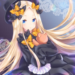 Rule 34 | 1girl, abigail williams (fate), black bow, black dress, black hat, blonde hair, blue eyes, bow, commentary request, dress, fate/grand order, fate (series), floating hair, forehead, hair bow, hat, hugging object, long hair, long sleeves, looking at viewer, orange bow, parted bangs, parted lips, pengin guriko, polka dot, polka dot bow, sleeves past fingers, sleeves past wrists, solo, stuffed animal, stuffed toy, teddy bear, very long hair