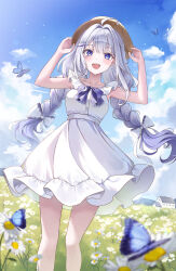 Rule 34 | 1girl, blue eyes, braid, bug, butterfly, dress, frills, highres, insect, looking at viewer, open mouth, original, outdoors, pora 0918, solo, twin braids, white dress, white hair