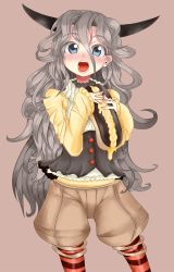 Rule 34 | 1girl, bad id, bad pixiv id, blue eyes, curly hair, food, highres, horns, kuzu kow, long hair, looking at viewer, open mouth, original, pantyhose, shorts, silver hair, simple background, solo, striped clothes, striped pantyhose, very long hair