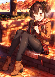 Rule 34 | 10s, 1girl, ;d, ankle boots, ass, autumn, autumn leaves, black pantyhose, blush, boots, coat, dog, falling leaves, highres, kantai collection, leaf, legs, licking, nazu-na, one eye closed, open mouth, orange eyes, pantyhose, pigeon-toed, puppy, scarf, short hair with long locks, sitting, skirt, smile, solo, stairs, sunlight, thighband pantyhose, tokitsukaze (kancolle), tongue, tongue out, tree, winter clothes, winter coat