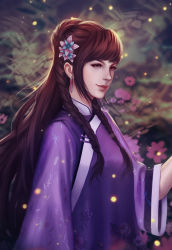 Rule 34 | 1girl, arm at side, arm up, braid, brown eyes, brown hair, china dress, chinese clothes, closed mouth, dress, earrings, flower, from side, hair flower, hair ornament, highres, jewelry, lips, long hair, nose, original, poenatsha yuen, purple dress, smile, solo, wide sleeves