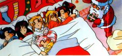 Rule 34 | 1990s (style), aino minako, bishoujo senshi sailor moon, blanket, chibi usa, gift, hino rei, hug, kino makoto, lying, mizuno ami, official art, pajamas, santa costume, sleeping, tsukino usagi