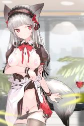 Rule 34 | arknights, bandaid, bandaids on nipples, black shirt, black thighhighs, blouse, blunt bangs, clothes lift, cup, drinking glass, frostleaf (arknights), head tilt, highres, pasties, shirt, solo, szk (sonzaikannai), tail, thighhighs, wine glass
