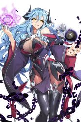 Rule 34 | 1girl, alkyde (soccer spirits), black sclera, blue hair, boots, breasts, broken, broken chain, catharsis (soccer spirits), chain, colored sclera, dark persona, demon girl, demon horns, drill hair, high heel boots, high heels, horns, large breasts, long hair, looking at viewer, looking to the side, orb, pantyhose, soccer spirits, transparent background, vakasatang, white background, wizard, yellow eyes