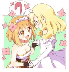 Rule 34 | 2girls, bare shoulders, blonde hair, blush, breasts, brown eyes, cleavage, collarbone, dress, elbow gloves, endro!, fai fai, flat chest, flower, frills, from side, gloves, hair flower, hair ornament, hairband, holding hands, long hair, medium breasts, multiple girls, open mouth, orange hair, rona pricipa o rabanesta, short hair, smile, strapless, strapless dress, white dress, white frills, white gloves