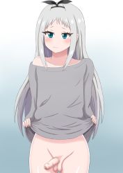 Rule 34 | 1boy, artist request, blend s, blue eyes, blush, bottomless, censored, highres, kanzaki hideri, lifted by self, long hair, male focus, penis, silver hair, smile, solo, testicles, trap