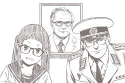 Rule 34 | blunt bangs, character request, check character, closed mouth, collared shirt, dated, erich honecker, glasses, greyscale, grin, hat, head tilt, horikou, jacket, leaning forward, looking at viewer, military, military hat, military uniform, monochrome, necktie, oogaki chiaki, portrait (object), real life, school uniform, serafuku, shirt, signature, smile, twintails, uniform, wing collar, yurucamp